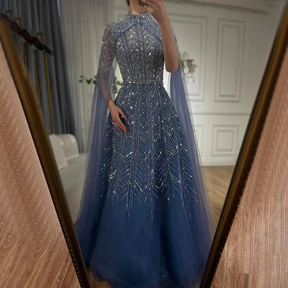 Serene Hill 2025 Blue Beaded Design A-Line Saudi Arabic Evening Dresses Gowns with Cape Sleeves for Formal Occasion LA72728 SERENE HILL Serene Hill 2025 Blue Beaded Design A-Line Saudi Arabic Evening Dresses Gowns with Cape Sleeves for Formal Occasion LA72728 SERENE HILL