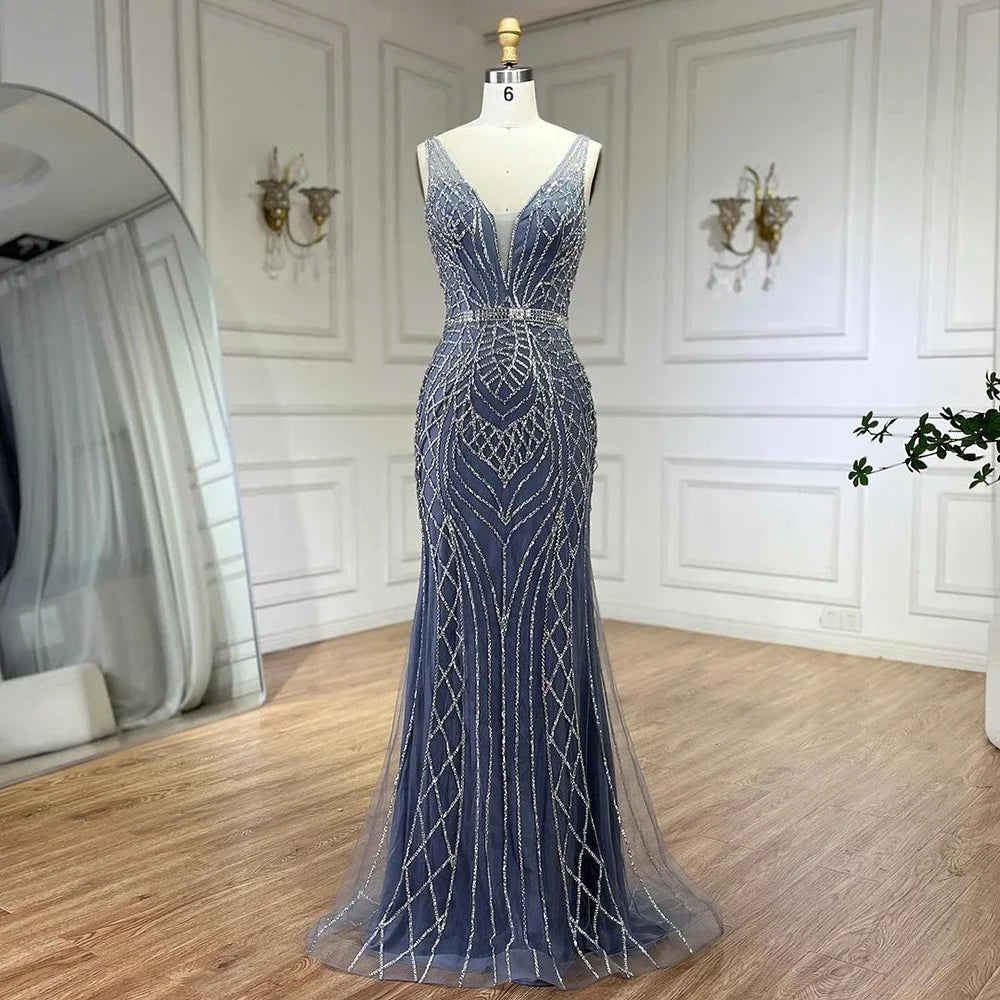Serene Hill 2025 Blue Mermaid Elegant Spaghetti Straps Beaded Luxury Evening Dresses Gowns for Woman Wedding Party LA72450 - SERENE HILL