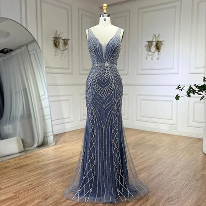 Serene Hill 2025 Blue Mermaid Elegant Spaghetti Straps Beaded Luxury Evening Dresses Gowns for Woman Wedding Party LA72450 - SERENE HILL