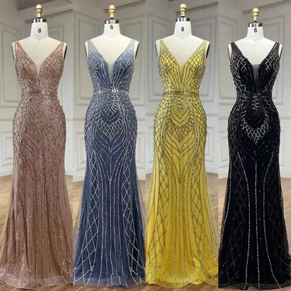 Serene Hill 2025 Blue Mermaid Elegant Spaghetti Straps Beaded Luxury Evening Dresses Gowns for Woman Wedding Party LA72450 - SERENE HILL
