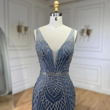 Serene Hill 2025 Blue Mermaid Elegant Spaghetti Straps Beaded Luxury Evening Dresses Gowns for Woman Wedding Party LA72450 - SERENE HILL