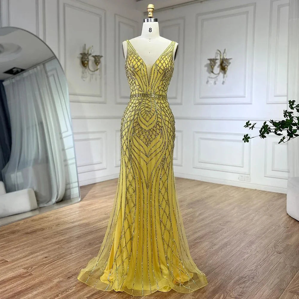 Serene Hill 2025 Blue Mermaid Elegant Spaghetti Straps Beaded Luxury Evening Dresses Gowns for Woman Wedding Party LA72450 - SERENE HILL