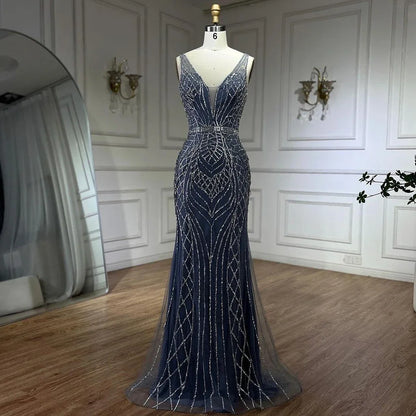 Serene Hill 2025 Blue Mermaid Elegant Spaghetti Straps Beaded Luxury Evening Dresses Gowns for Woman Wedding Party LA72450 - SERENE HILL