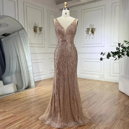 Serene Hill 2025 Blue Mermaid Elegant Spaghetti Straps Beaded Luxury Evening Dresses Gowns for Woman Wedding Party LA72450 - SERENE HILL