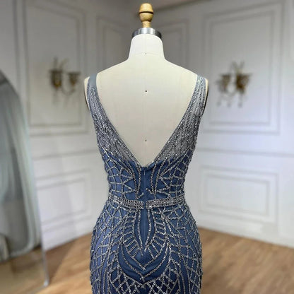 Serene Hill 2025 Blue Mermaid Elegant Spaghetti Straps Beaded Luxury Evening Dresses Gowns for Woman Wedding Party LA72450 - SERENE HILL