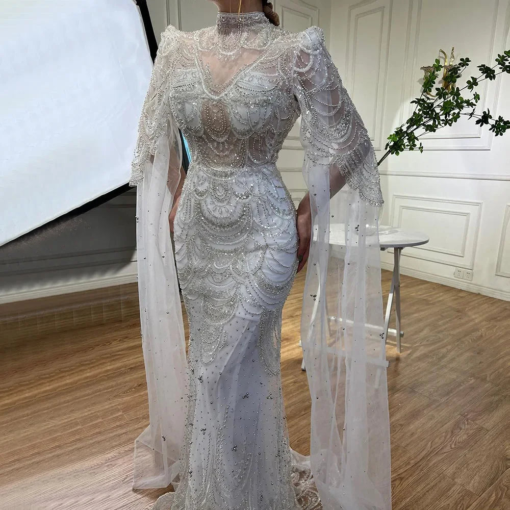 Green Luxury Dubai Mermaid Evening Dresses with Cape Sleeves LA72033 - SERENE HILL