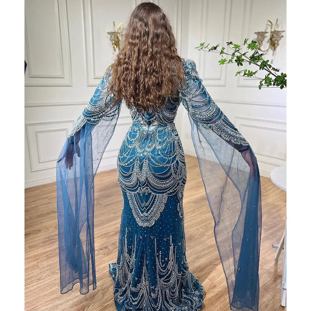 Green Luxury Dubai Mermaid Evening Dresses with Cape Sleeves LA72033 - SERENE HILL