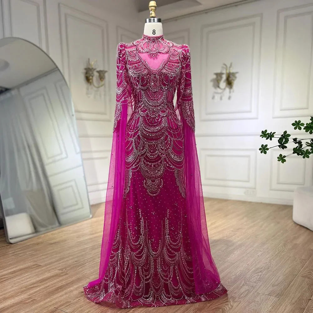 Green Luxury Dubai Mermaid Evening Dresses with Cape Sleeves LA72033 - SERENE HILL