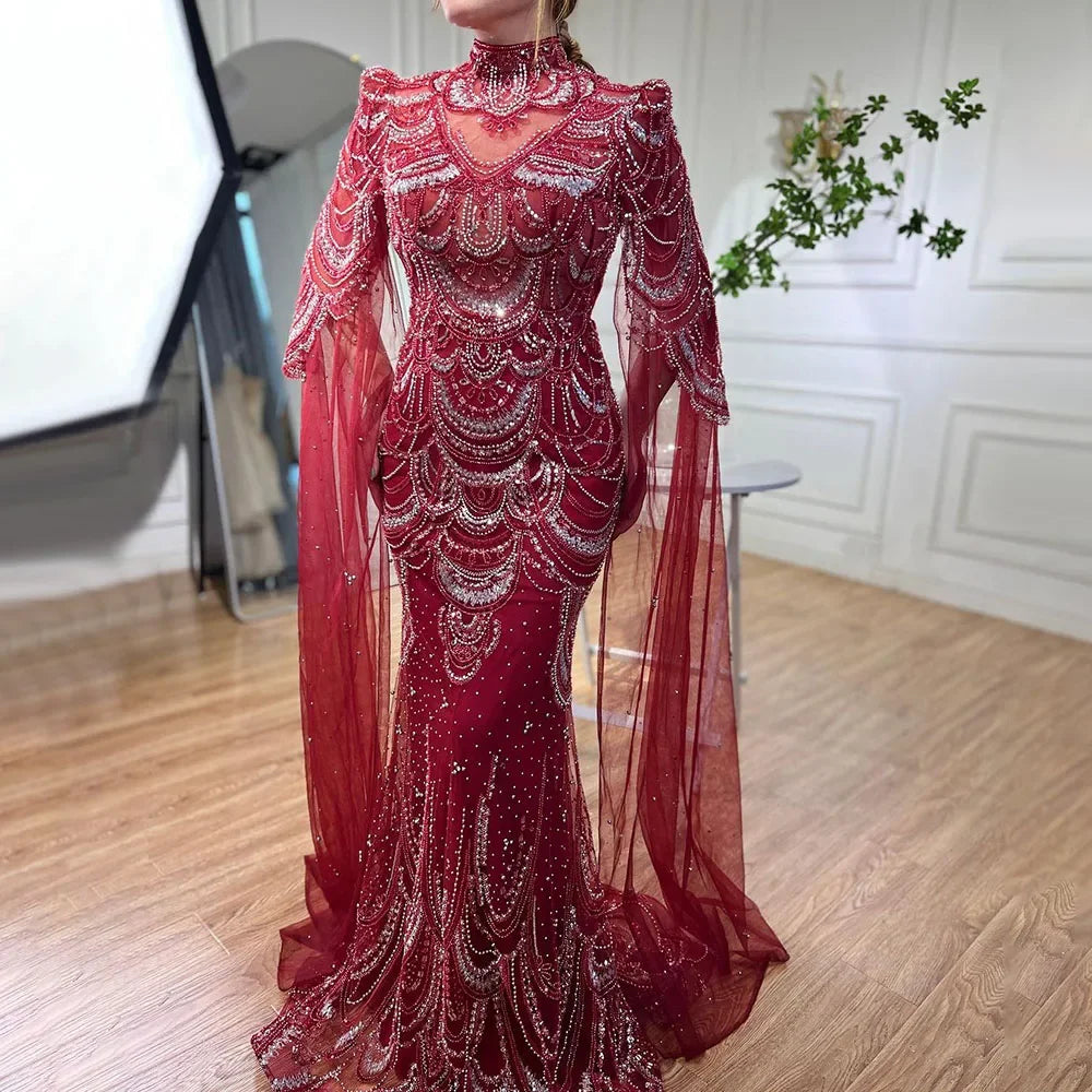 Green Luxury Dubai Mermaid Evening Dresses with Cape Sleeves LA72033 - SERENE HILL
