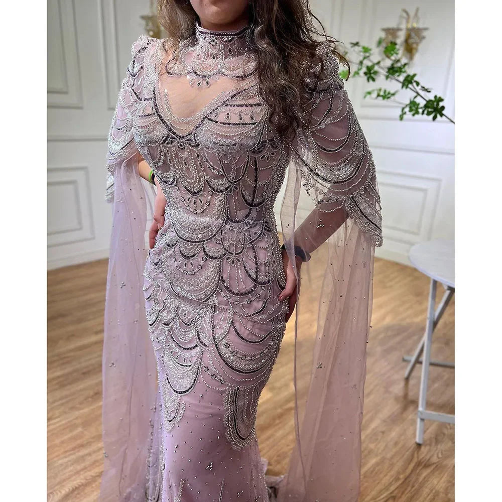 Green Luxury Dubai Mermaid Evening Dresses with Cape Sleeves LA72033 - SERENE HILL