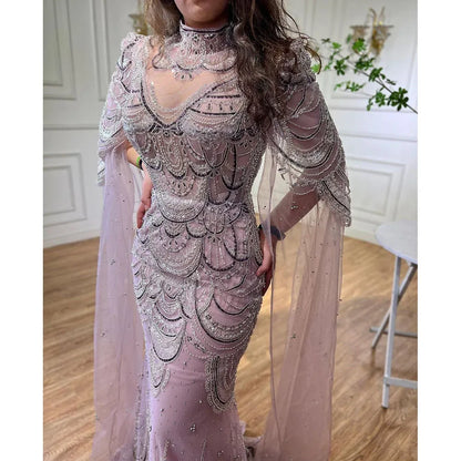 Green Luxury Dubai Mermaid Evening Dresses with Cape Sleeves LA72033 - SERENE HILL