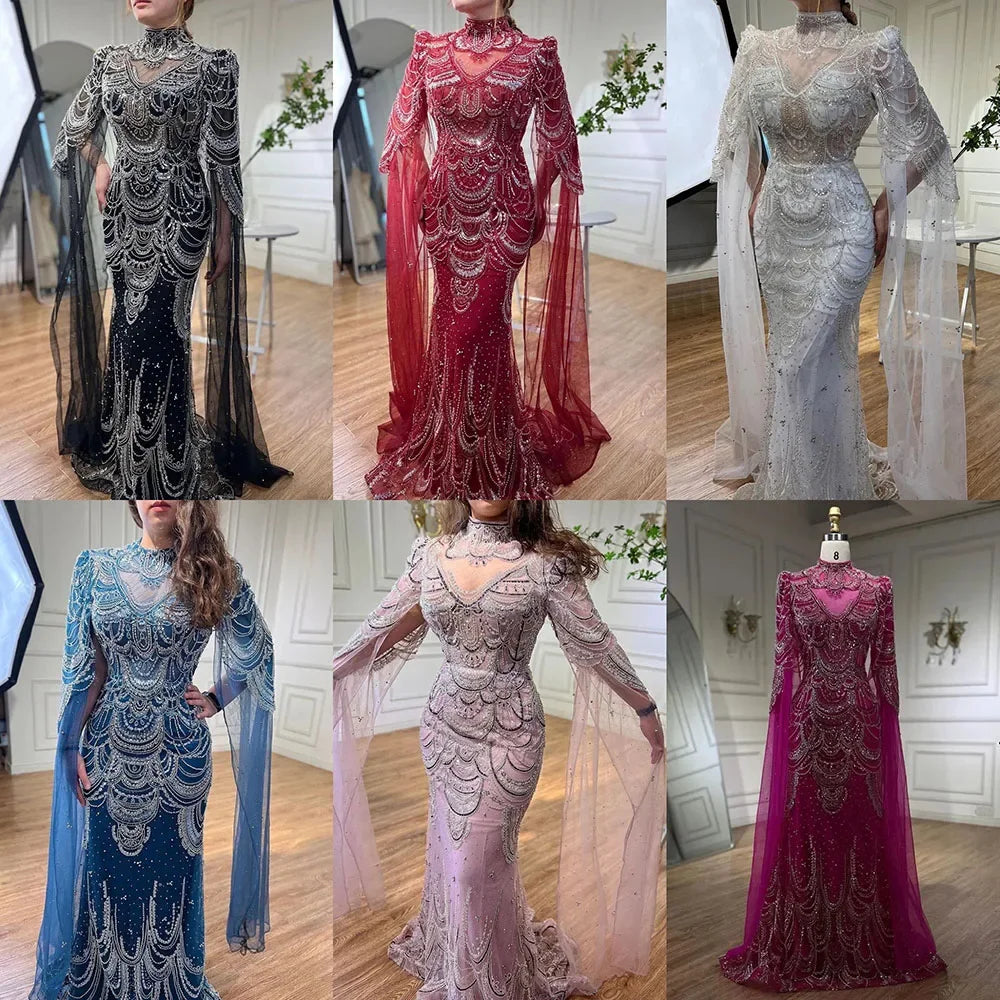 Green Luxury Dubai Mermaid Evening Dresses with Cape Sleeves LA72033 - SERENE HILL