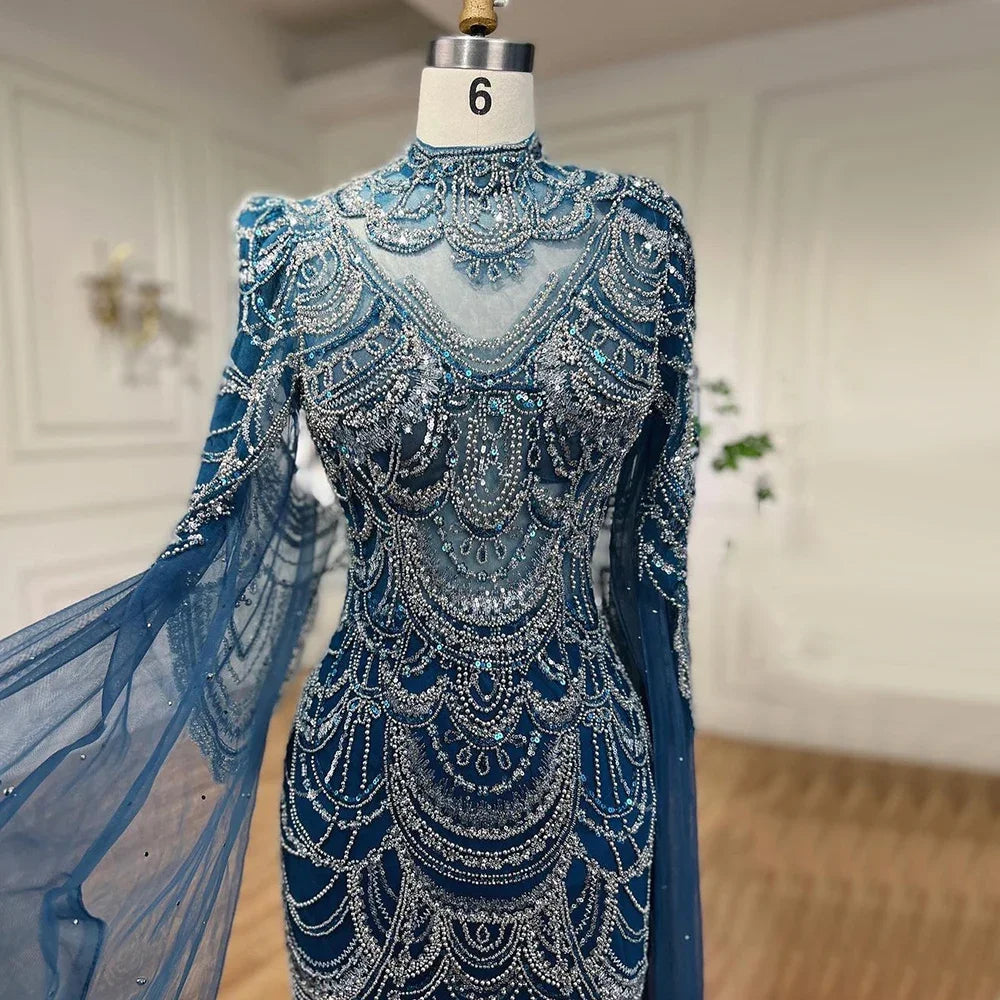 Green Luxury Dubai Mermaid Evening Dresses with Cape Sleeves LA72033 - SERENE HILL