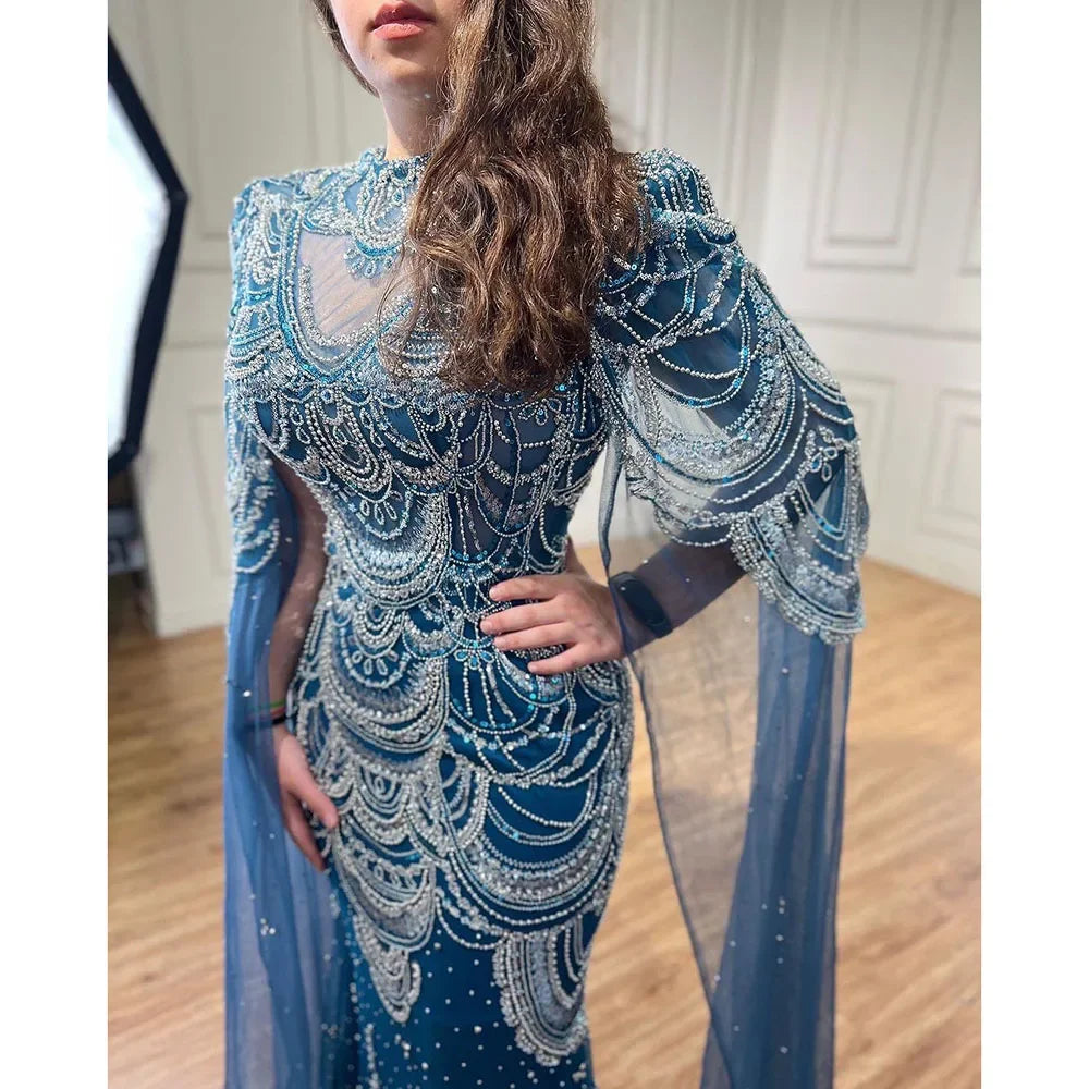 Green Luxury Dubai Mermaid Evening Dresses with Cape Sleeves LA72033 - SERENE HILL