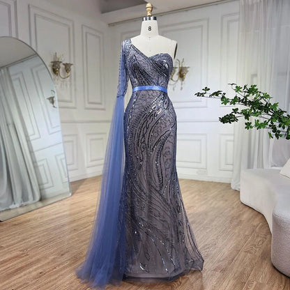 Serene Hill 2025 Blue Mermaid One Shoulder Elegant Cape Sleeve Beaded Evening Dresses Gowns For Women Wedding Party LA72294 - SERENE HILL
