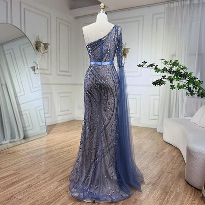 Serene Hill 2025 Blue Mermaid One Shoulder Elegant Cape Sleeve Beaded Evening Dresses Gowns For Women Wedding Party LA72294 - SERENE HILL