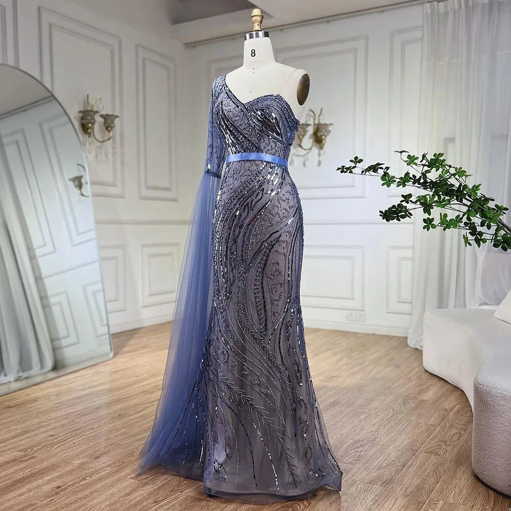 Serene Hill 2025 Blue Mermaid One Shoulder Elegant Cape Sleeve Beaded Evening Dresses Gowns For Women Wedding Party LA72294 - SERENE HILL