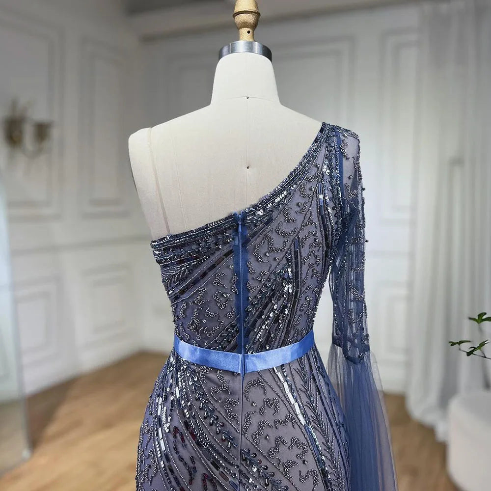 Serene Hill 2025 Blue Mermaid One Shoulder Elegant Cape Sleeve Beaded Evening Dresses Gowns For Women Wedding Party LA72294 - SERENE HILL