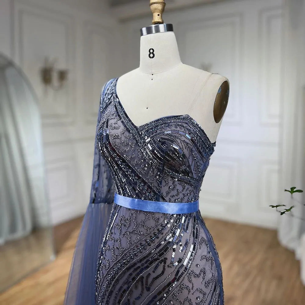 Serene Hill 2025 Blue Mermaid One Shoulder Elegant Cape Sleeve Beaded Evening Dresses Gowns For Women Wedding Party LA72294 - SERENE HILL