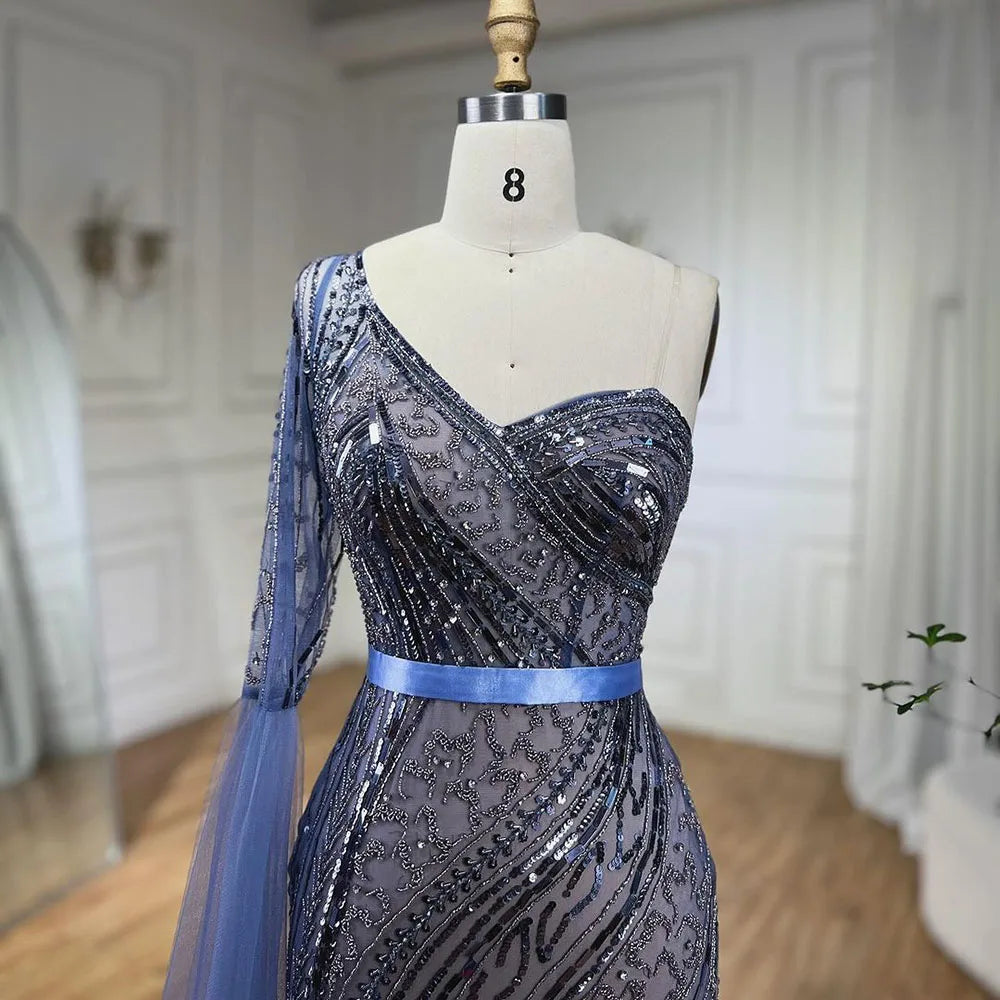 Serene Hill 2025 Blue Mermaid One Shoulder Elegant Cape Sleeve Beaded Evening Dresses Gowns For Women Wedding Party LA72294 - SERENE HILL