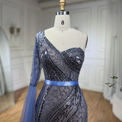 Serene Hill 2025 Blue Mermaid One Shoulder Elegant Cape Sleeve Beaded Evening Dresses Gowns For Women Wedding Party LA72294 - SERENE HILL
