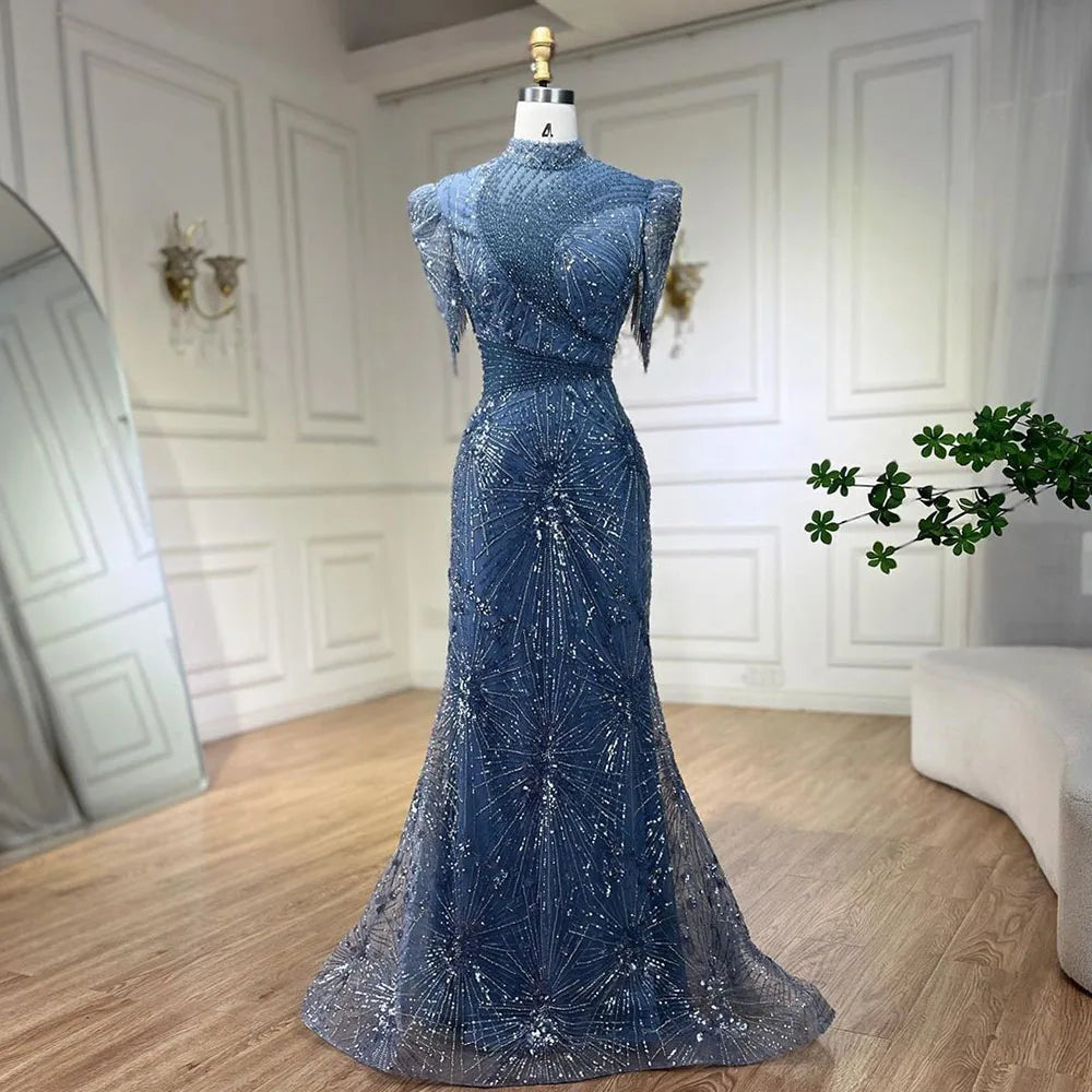 Serene Hill 2025 Blue Mermaid Pink Elegant Beaded Short Tassel Luxury Evening Dresses Gowns for Woman Wedding Party LA72417 - SERENE HILL