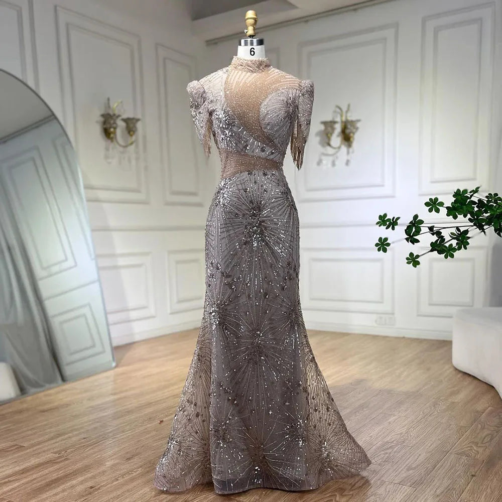 Serene Hill 2025 Blue Mermaid Pink Elegant Beaded Short Tassel Luxury Evening Dresses Gowns for Woman Wedding Party LA72417 - SERENE HILL