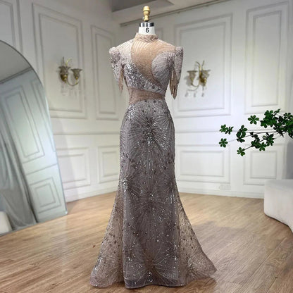 Serene Hill 2025 Blue Mermaid Pink Elegant Beaded Short Tassel Luxury Evening Dresses Gowns for Woman Wedding Party LA72417 - SERENE HILL