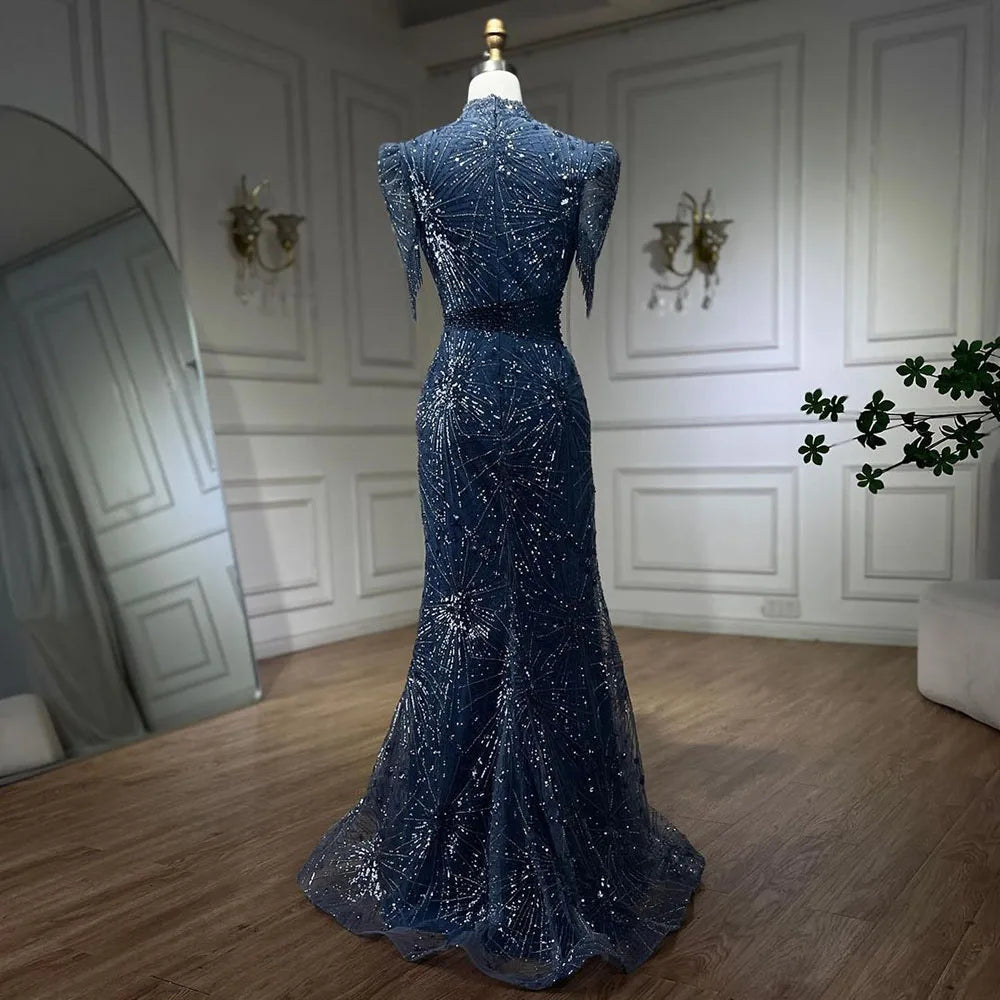 Serene Hill 2025 Blue Mermaid Pink Elegant Beaded Short Tassel Luxury Evening Dresses Gowns for Woman Wedding Party LA72417 - SERENE HILL