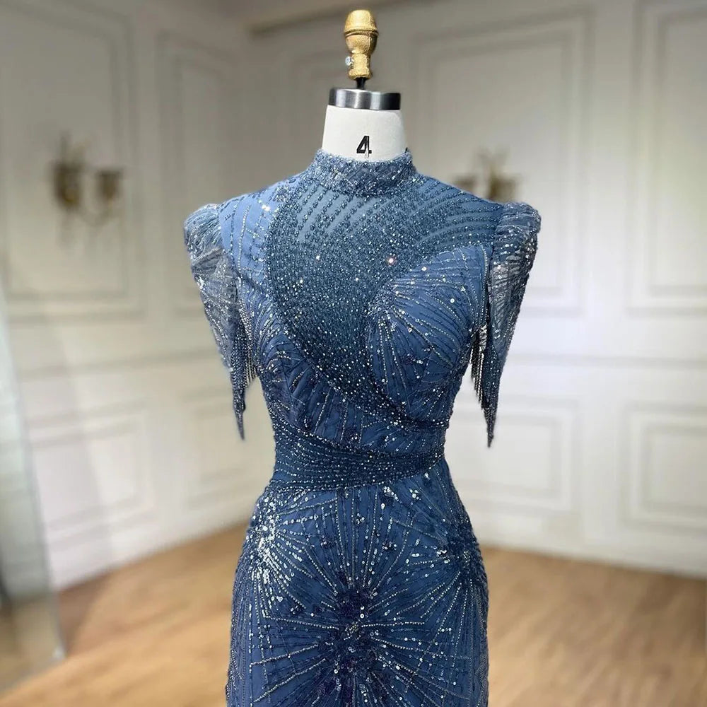 Serene Hill 2025 Blue Mermaid Pink Elegant Beaded Short Tassel Luxury Evening Dresses Gowns for Woman Wedding Party LA72417 - SERENE HILL