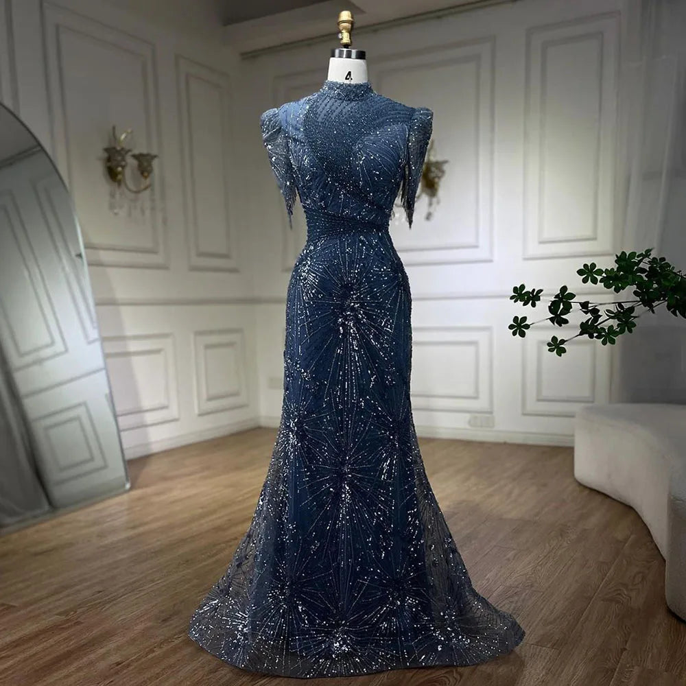 Serene Hill 2025 Blue Mermaid Pink Elegant Beaded Short Tassel Luxury Evening Dresses Gowns for Woman Wedding Party LA72417 - SERENE HILL