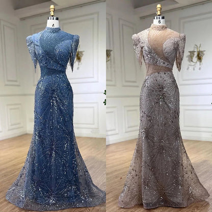 Serene Hill 2025 Blue Mermaid Pink Elegant Beaded Short Tassel Luxury Evening Dresses Gowns for Woman Wedding Party LA72417 - SERENE HILL