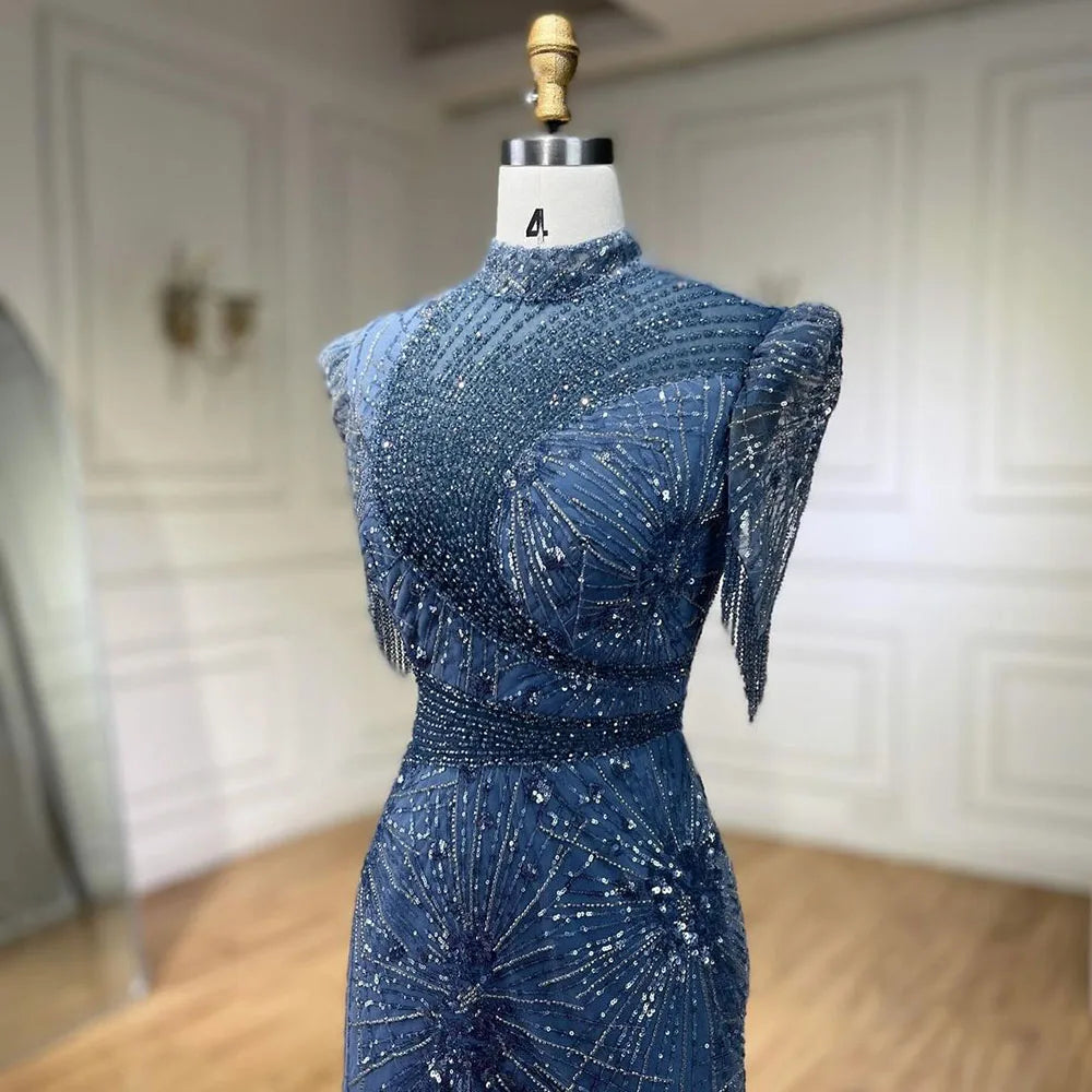 Serene Hill 2025 Blue Mermaid Pink Elegant Beaded Short Tassel Luxury Evening Dresses Gowns for Woman Wedding Party LA72417 - SERENE HILL