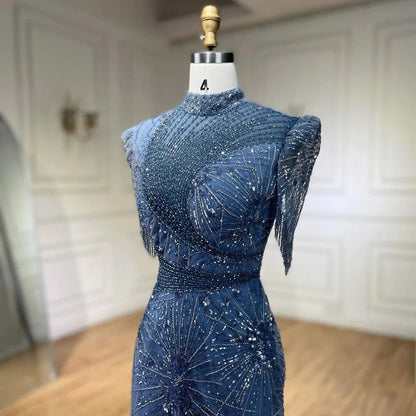 Serene Hill 2025 Blue Mermaid Pink Elegant Beaded Short Tassel Luxury Evening Dresses Gowns for Woman Wedding Party LA72417 - SERENE HILL