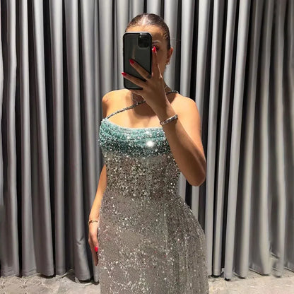 Luxury Blue One Shoulder Evening Dress with Overskirt LA72434 - SERENE HILL