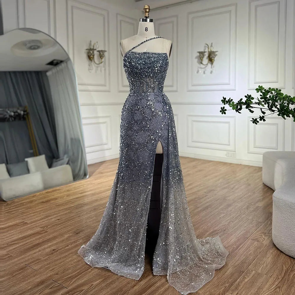 Luxury Blue One Shoulder Evening Dress with Overskirt LA72434 - SERENE HILL