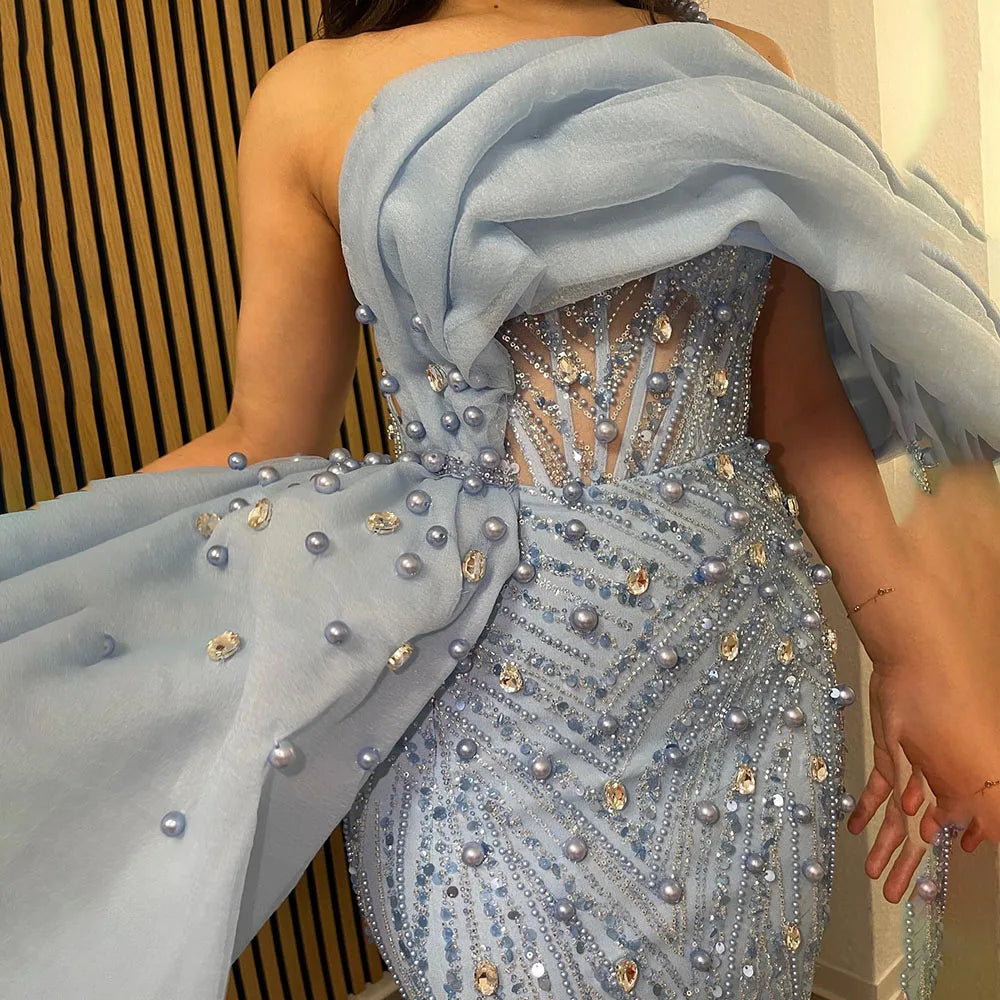 Luxury One Shoulder Blue Evening Dress with Overskirt LA72244A - SERENE HILL