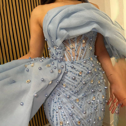 Luxury One Shoulder Blue Evening Dress with Overskirt LA72244A - SERENE HILL