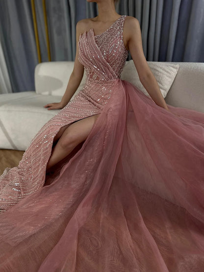Luxury Dubai Blue One Shoulder Split Saudi Evening Gown with Beaded Side Overskirt Dress for Formal Occasion LA72732 - SERENE HILL