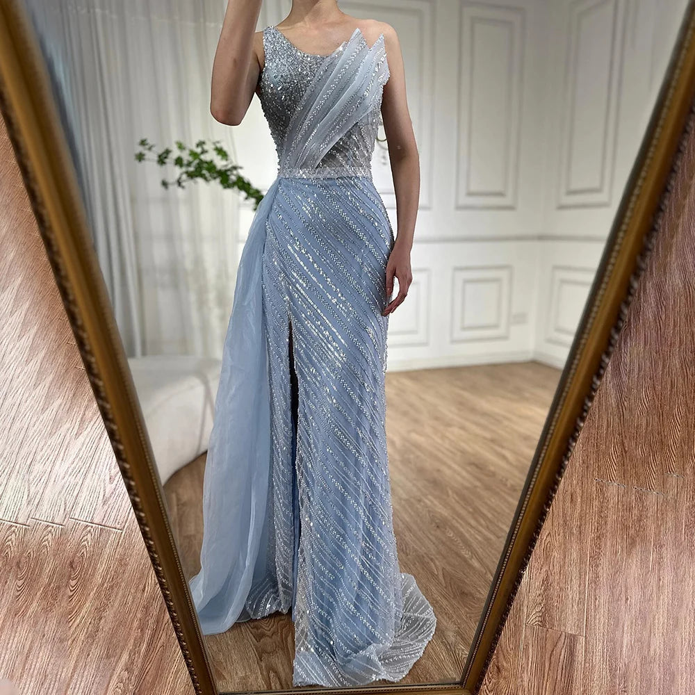 Luxury Dubai Blue One Shoulder Split Saudi Evening Gown with Beaded Side Overskirt Dress for Formal Occasion LA72732 - SERENE HILL