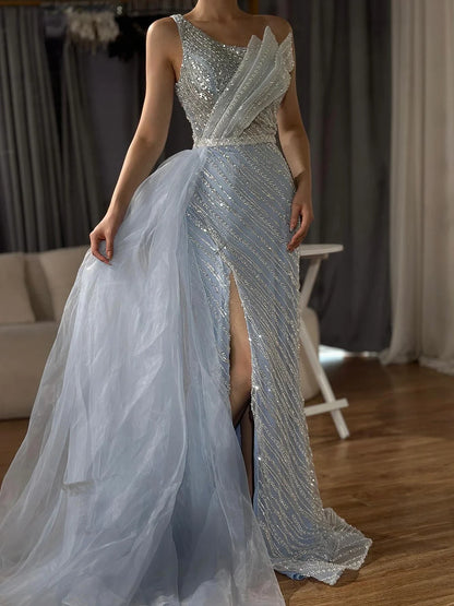 Luxury Dubai Blue One Shoulder Split Saudi Evening Gown with Beaded Side Overskirt Dress for Formal Occasion LA72732 - SERENE HILL