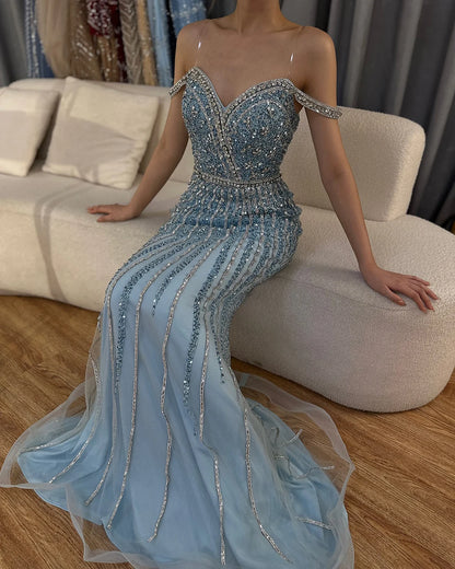 Luxury Dubai Blue Prom Mermaid Gown Beaded Luxury Saudi Evening Dress for Formal Occasion LA72715A - SERENE HILL