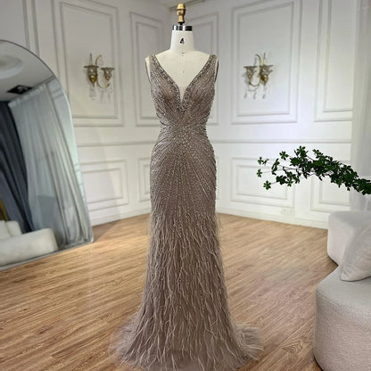 Serene Hill 2025 Blue Spaghetti Strap Luxury Dubai Evening Gowns with Feathers and Beading for Women Wedding Party LA72525 - SERENE HILL