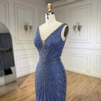 Serene Hill 2025 Blue Spaghetti Strap Luxury Dubai Evening Gowns with Feathers and Beading for Women Wedding Party LA72525 - SERENE HILL
