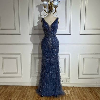Serene Hill 2025 Blue Spaghetti Strap Luxury Dubai Evening Gowns with Feathers and Beading for Women Wedding Party LA72525 - SERENE HILL