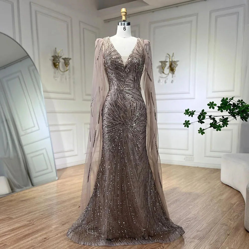 Serene Hill 2025 Caramel Mermaid Cape Sleeves Beaded Sequined Luxury Dubai Evening Dresses Gowns for Women Wedding Party LA72428 - SERENE HILL