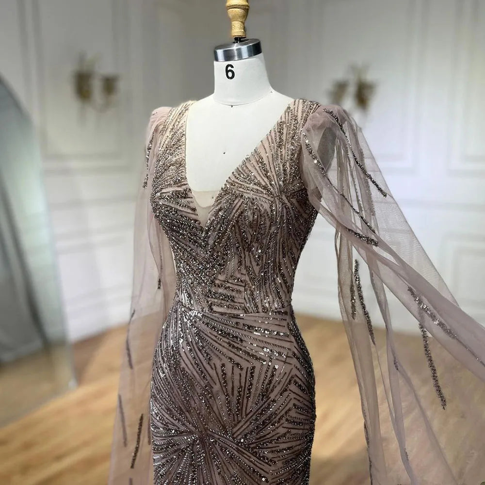 Serene Hill 2025 Caramel Mermaid Cape Sleeves Beaded Sequined Luxury Dubai Evening Dresses Gowns for Women Wedding Party LA72428 - SERENE HILL