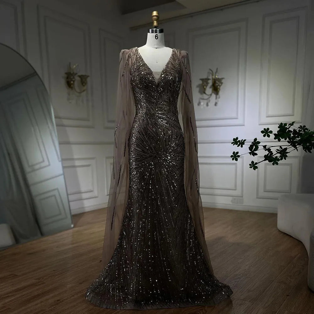Serene Hill 2025 Caramel Mermaid Cape Sleeves Beaded Sequined Luxury Dubai Evening Dresses Gowns for Women Wedding Party LA72428 - SERENE HILL