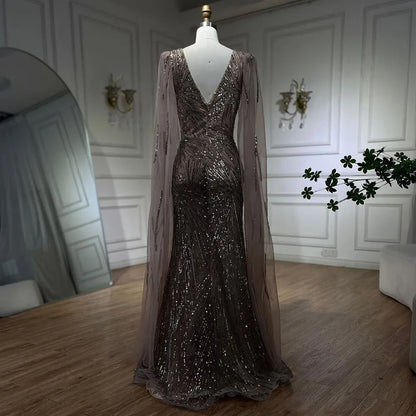 Serene Hill 2025 Caramel Mermaid Cape Sleeves Beaded Sequined Luxury Dubai Evening Dresses Gowns for Women Wedding Party LA72428 - SERENE HILL