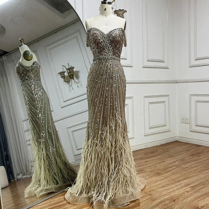 Luxury Dubai Caramel Spaghetti Strap Mermaid Gown Feathers Beaded Luxury Saudi Evening Dress for Formal Occasion LA72715 - SERENE HILL